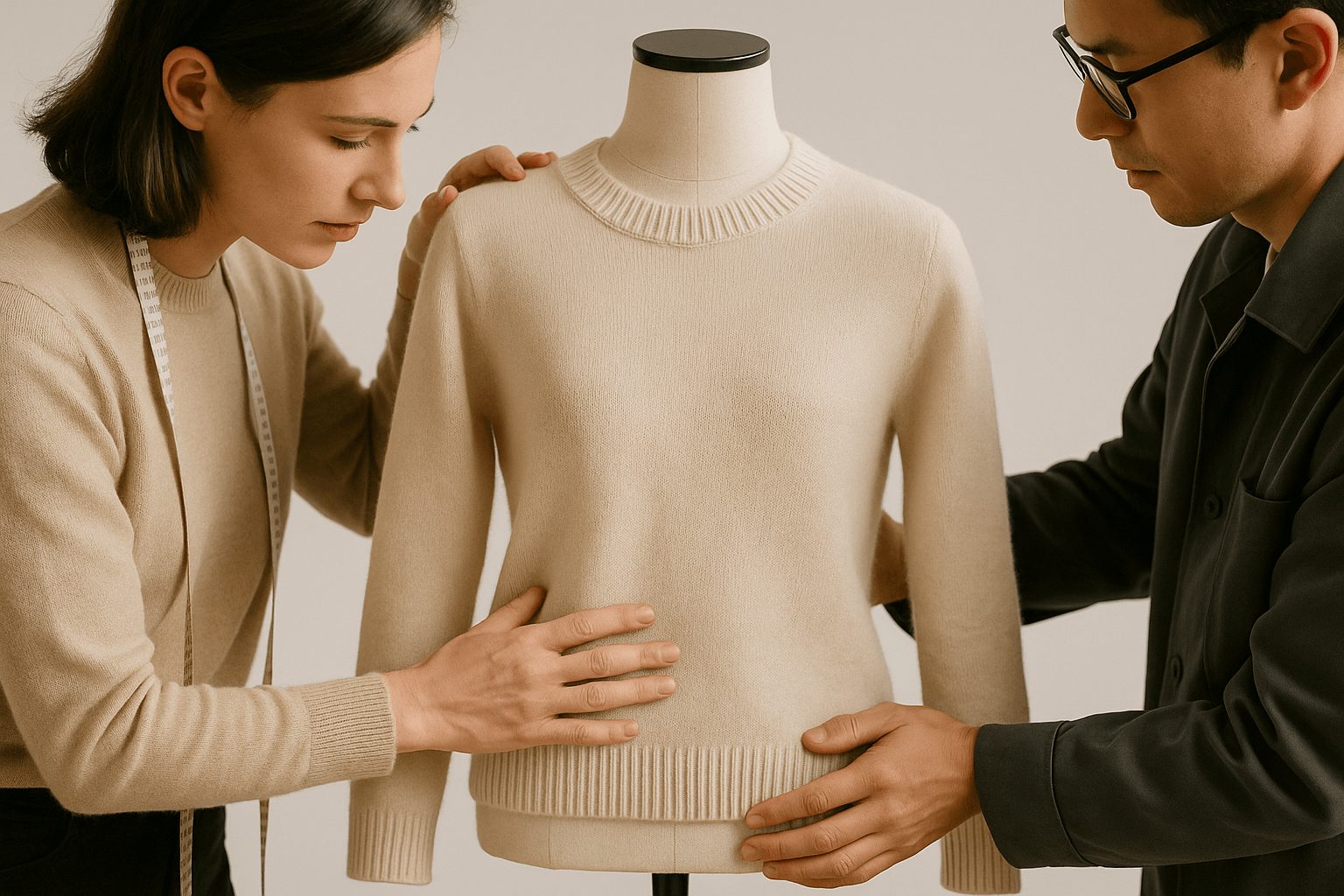 A designer and technician fitting a sweater on a mannequin